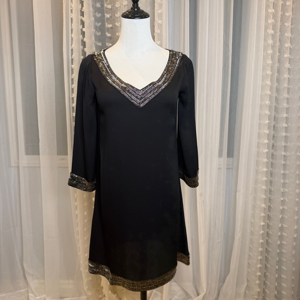 Alice + Olivia Black Mini Dress with Silver Beaded Trim
